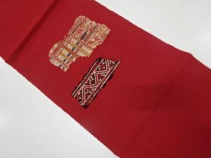 手織り紬　格子に草花模様織り出し　名古屋帯